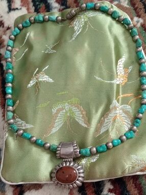 AUTHENTIC NAVAJO Sterling Silver Turquoise Necklace with Tigers Eye 925  Pendant